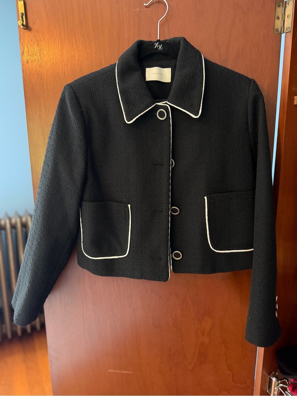Black Cropped Blazer with White Piping